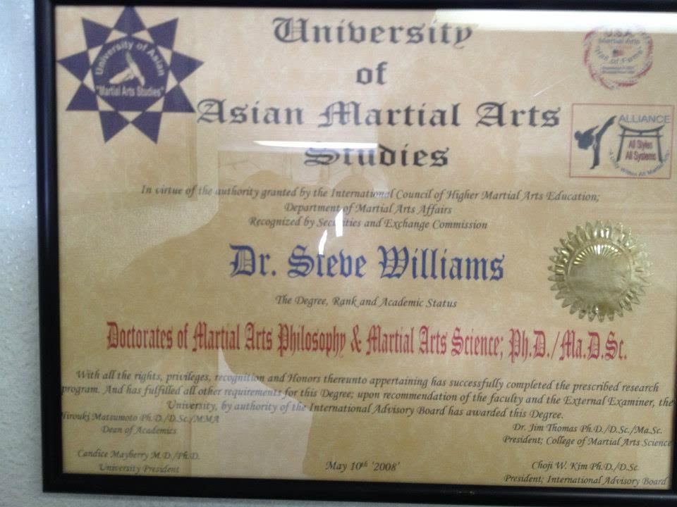 Doctorate of Martial Arts Philosophy and Martial Arts Science, Dr. Steve Williams