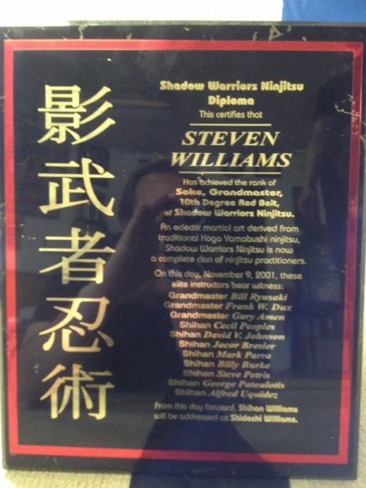 Shadow Warriors Ninjitsu diploma certifying Steven Williams as Soke, Grandmaster, 10th Degree Red Belt, witnessed by a panel of grandmasters, November 9, 2001